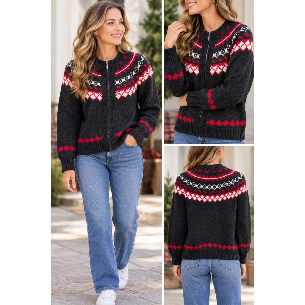 Crazy Horse Liz Claiborne XL Black Red Ski Cozy Nordic Full Zip Cardigan Sweater